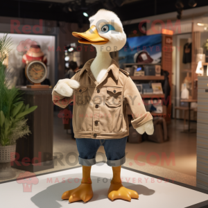 Beige Geese mascot costume character dressed with a Bootcut Jeans and Brooches