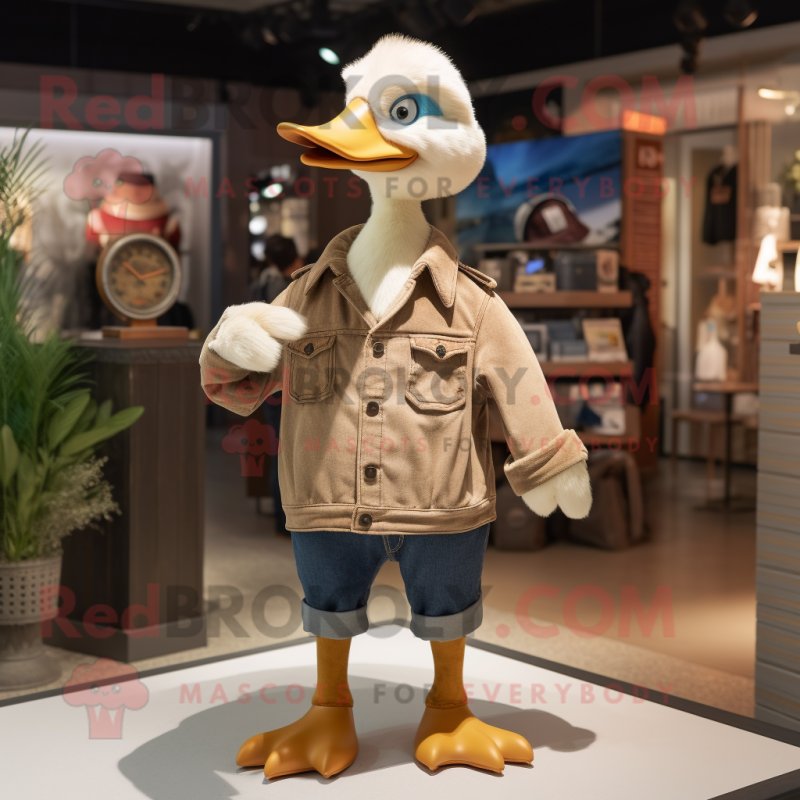 Beige Geese mascot costume character dressed with a Bootcut Jeans and Brooches Beige Geese mascot costume character dressed with a Bootcut Jeans and Brooches