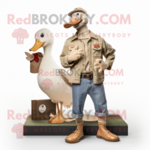 Beige Geese mascot costume character dressed with a Bootcut Jeans and Brooches