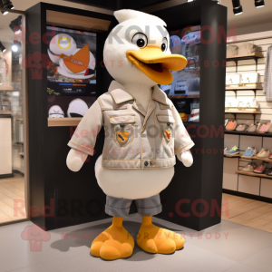 Beige Geese mascot costume character dressed with a Bootcut Jeans and Brooches