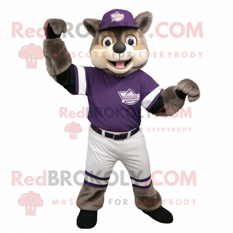Purple Raccoon mascot costume character dressed with a Baseball Tee and Beanies Purple Raccoon mascot costume character dressed with a Baseball Tee and Beanies