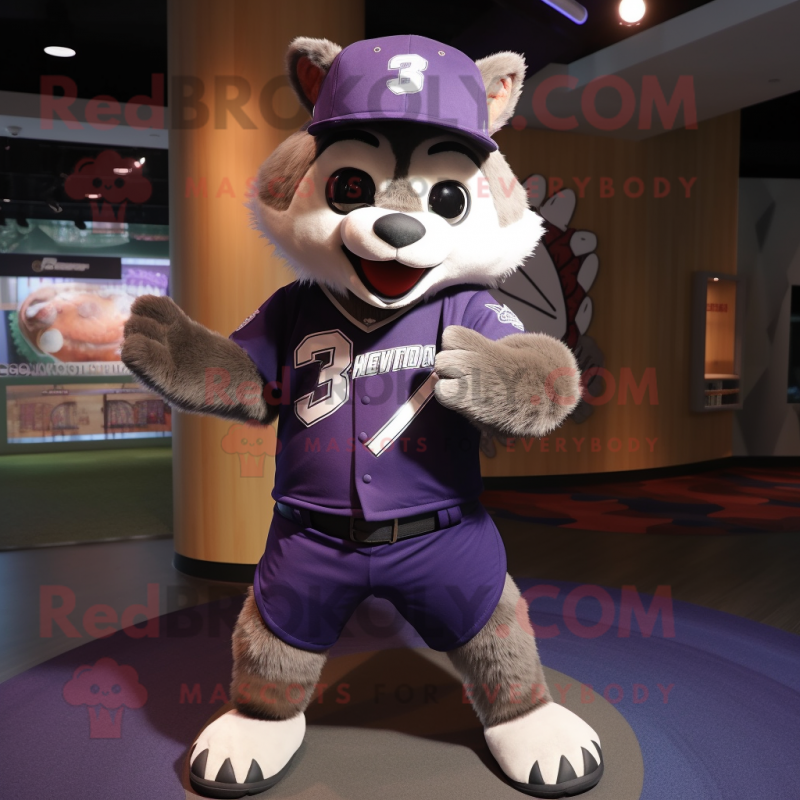 Purple Raccoon mascot costume character dressed with a Baseball Tee and Beanies