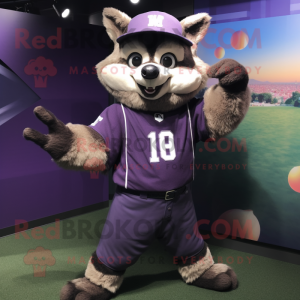 Purple Raccoon mascot costume character dressed with a Baseball Tee and Beanies
