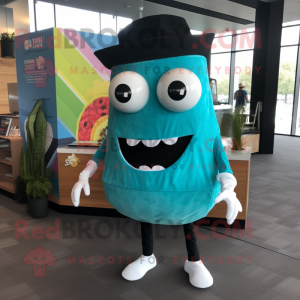 Cyan Tacos mascot costume character dressed with a Dress Pants and Shoe clips