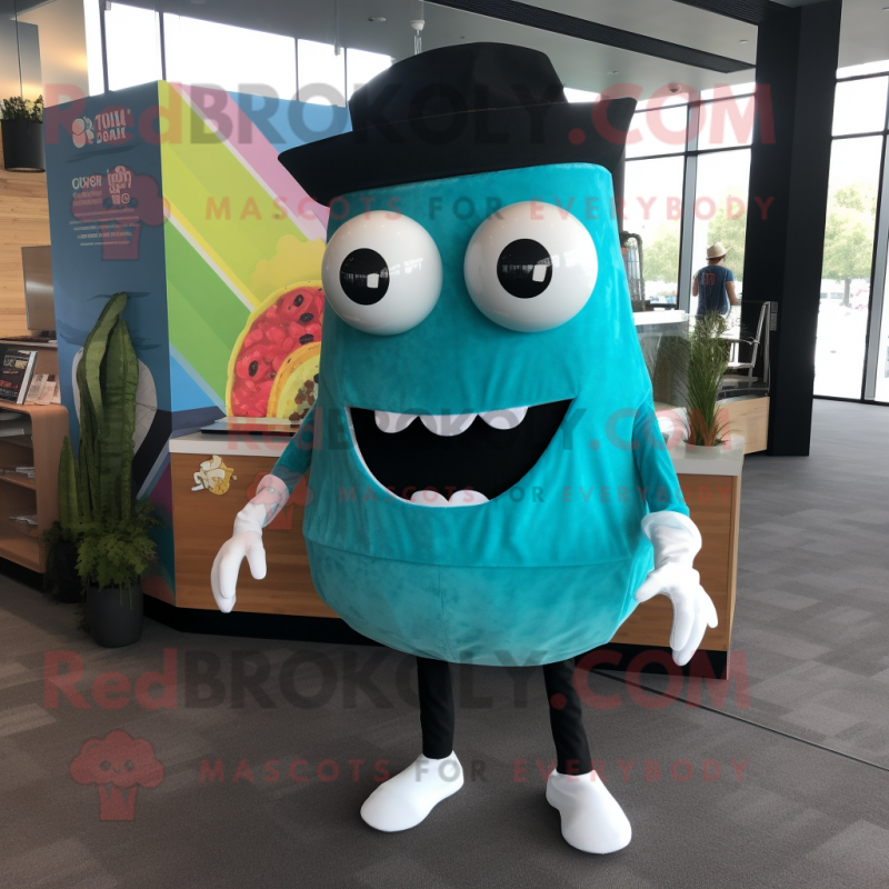 Cyan Tacos mascot costume character dressed with a Dress Pants and Shoe clips Cyan Tacos mascot costume character dressed with a Dress Pants and Shoe clips