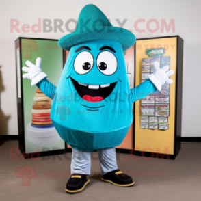 Cyan Tacos mascot costume character dressed with a Dress Pants and Shoe clips