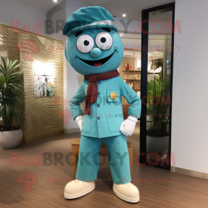 Cyan Doctor mascot costume character dressed with a Corduroy Pants and Cummerbunds