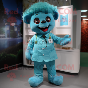 Cyan Doctor mascot costume character dressed with a Corduroy Pants and Cummerbunds