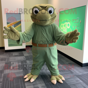 Olive Sea Turtle mascot costume character dressed with a Wrap Dress and Tie pins