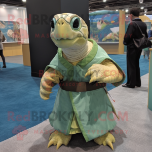 Olive Sea Turtle mascot costume character dressed with a Wrap Dress and Tie pins