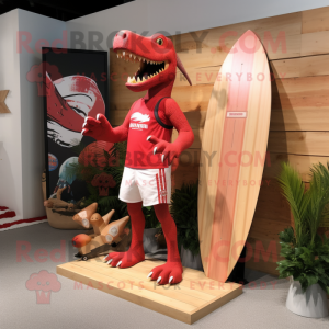 Red Spinosaurus mascot costume character dressed with a Board Shorts and Hairpins