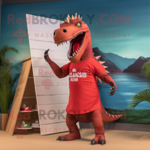 Red Spinosaurus mascot costume character dressed with a Board Shorts and Hairpins