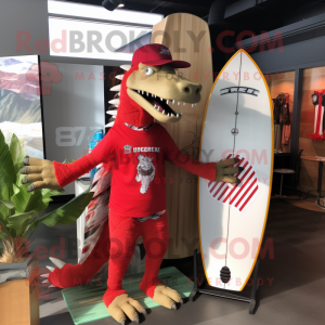 Red Spinosaurus mascot costume character dressed with a Board Shorts and Hairpins