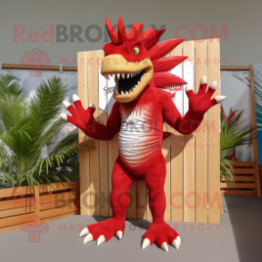 Red Spinosaurus mascot costume character dressed with a Board Shorts and Hairpins