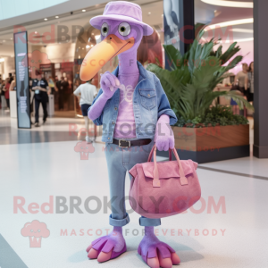Lavender Flamingo mascot costume character dressed with a Boyfriend Jeans and Handbags