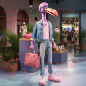 Lavender Flamingo mascot costume character dressed with a Boyfriend Jeans and Handbags