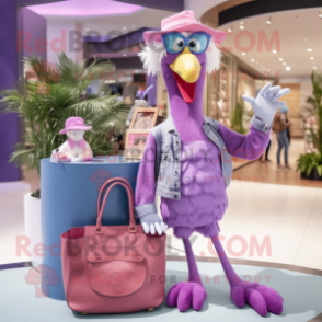 Lavender Flamingo mascot costume character dressed with a Boyfriend Jeans and Handbags