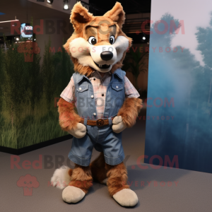 Rust Say Wolf mascot costume character dressed with a Boyfriend Jeans and Pocket squares
