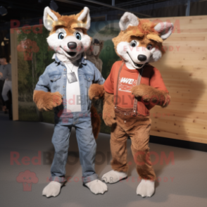 Rust Say Wolf mascot costume character dressed with a Boyfriend Jeans and Pocket squares