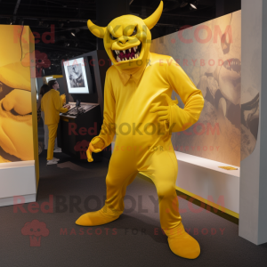 Yellow Devil mascot costume character dressed with a Suit Pants and Foot pads