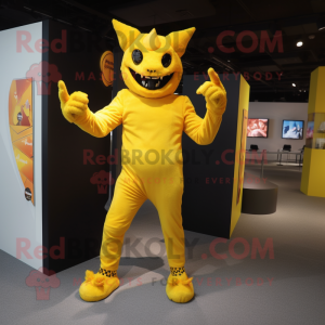 Yellow Devil mascot costume character dressed with a Suit Pants and Foot pads