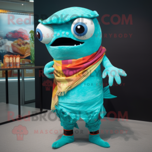 Cyan Fish Tacos mascot costume character dressed with a Bermuda Shorts and Scarf clips