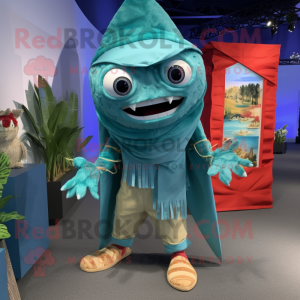 Cyan Fish Tacos mascot costume character dressed with a Bermuda Shorts and Scarf clips