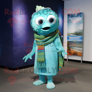 Cyan Fish Tacos mascot costume character dressed with a Bermuda Shorts and Scarf clips