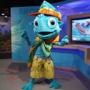 Cyan Fish Tacos mascot costume character dressed with a Bermuda Shorts and Scarf clips