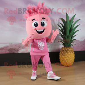 Pink Pineapple mascot costume character dressed with a V-Neck Tee and Shoe laces