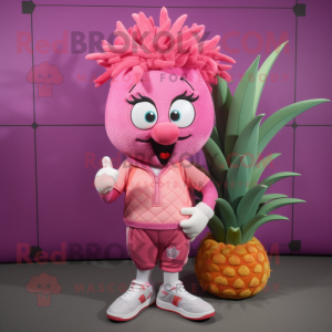 Pink Pineapple mascot costume character dressed with a V-Neck Tee and Shoe laces