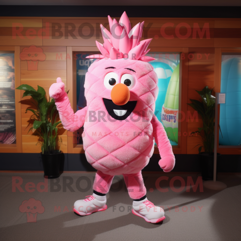 Pink Pineapple mascot costume character dressed with a V-Neck Tee and Shoe laces