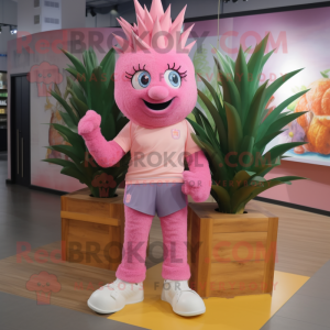 Pink Pineapple mascot costume character dressed with a V-Neck Tee and Shoe laces