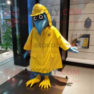 Yellow Blue Jay mascot costume character dressed with a Raincoat and Tie pins