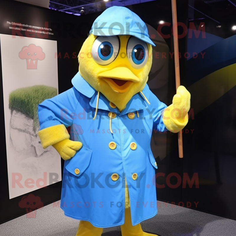 Yellow Blue Jay mascot costume character dressed with a Raincoat and Tie pins