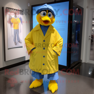 Yellow Blue Jay mascot costume character dressed with a Raincoat and Tie pins