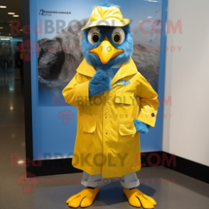 Yellow Blue Jay mascot costume character dressed with a Raincoat and Tie pins