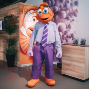 Purple Clown Fish mascot costume character dressed with a Poplin Shirt and Tie pins