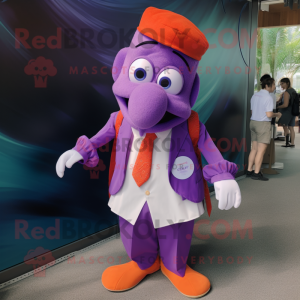 Purple Clown Fish mascot costume character dressed with a Poplin Shirt and Tie pins