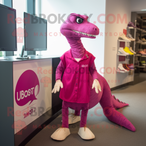 Magenta Utahraptor mascot costume character dressed with a Shift Dress and Shoe laces