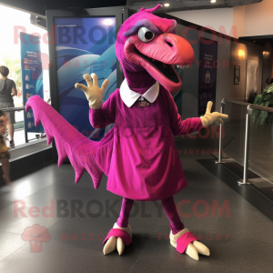 Magenta Utahraptor mascot costume character dressed with a Shift Dress and Shoe laces