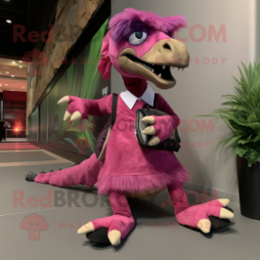 Magenta Utahraptor mascot costume character dressed with a Shift Dress and Shoe laces