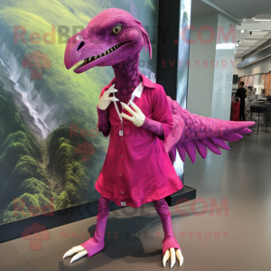 Magenta Utahraptor mascot costume character dressed with a Shift Dress and Shoe laces