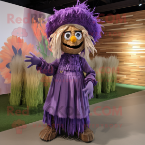 Purple Scarecrow mascot costume character dressed with a Maxi Skirt and Cummerbunds