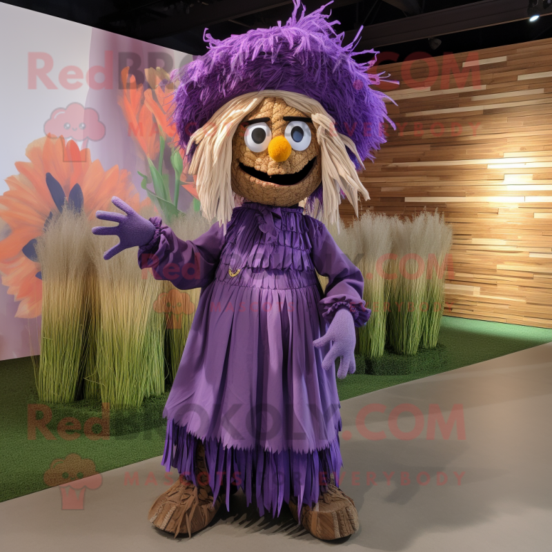 Purple Scarecrow mascot costume character dressed with a Maxi Skirt and Cummerbunds