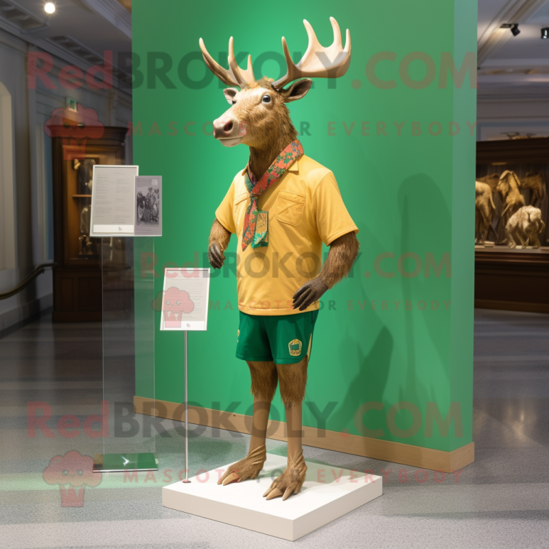 Gold Irish Elk mascot costume character dressed with a Bermuda Shorts and Brooches Gold Irish Elk mascot costume character dressed with a Bermuda Shorts and Brooches
