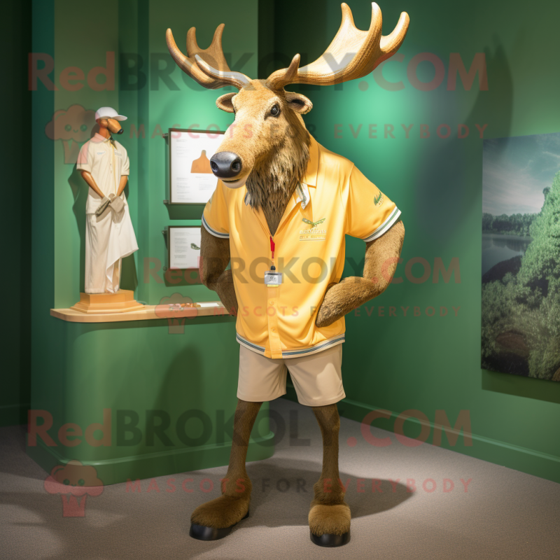 Gold Irish Elk mascot costume character dressed with a Bermuda Shorts and Brooches