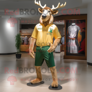 Gold Irish Elk mascot costume character dressed with a Bermuda Shorts and Brooches