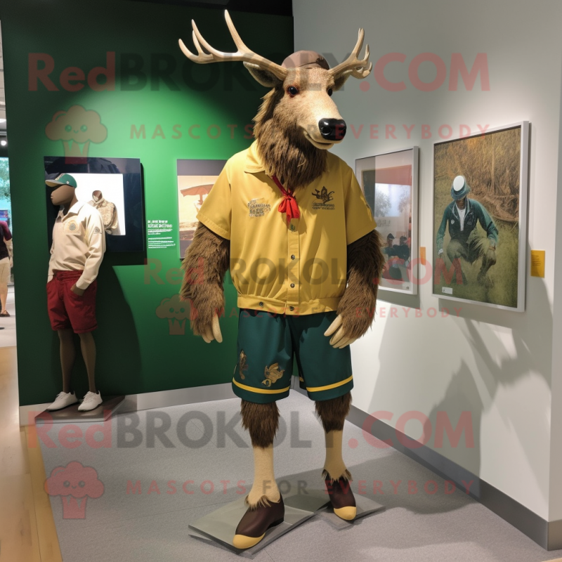 Gold Irish Elk mascot costume character dressed with a Bermuda Shorts and Brooches