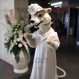 White Thylacosmilus mascot costume character dressed with a Wedding Dress and Hats